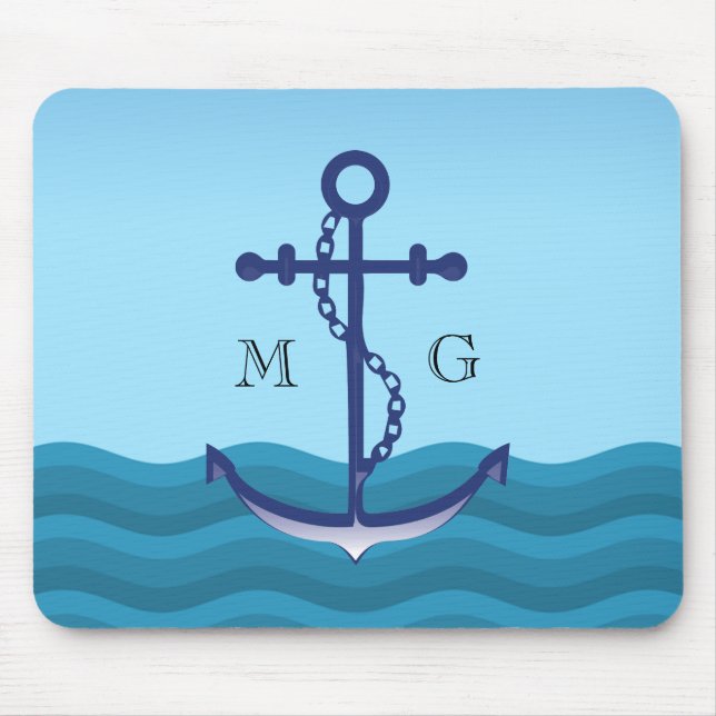 Mousepad Âncora de navio náutico com monograma duplo (Frente)