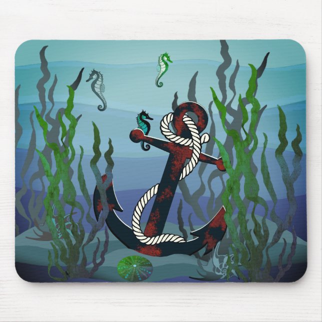 Mousepad Âncora náutica negra enferrujada/algas marinhas/ca (Frente)