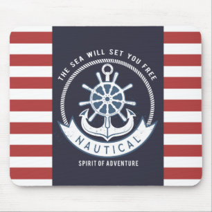 Mousepad Âncora Náutica,Roda, Azul-Marinho,Stripes Vermelha