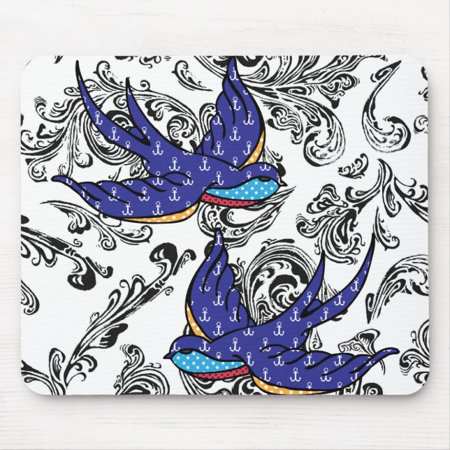 Mousepad andorinhas preto e branco do rolo (Frente)