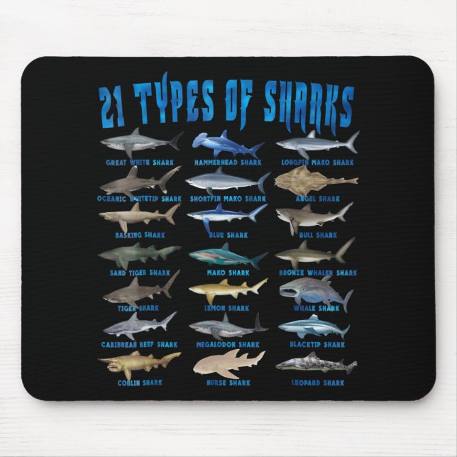 Mousepad Anéis De Tubarões 21 Tipos De Tubarões Oceanos (Frente)