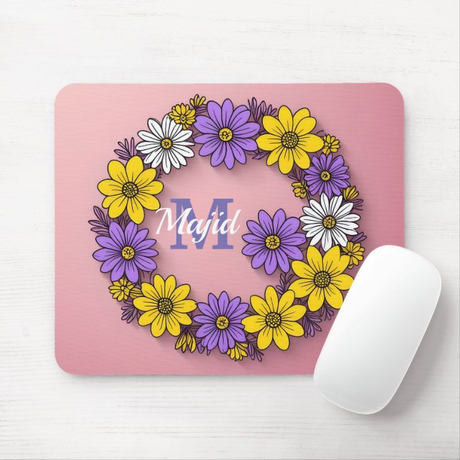 Mousepad Anel arredondado de flores a rosa/Monograma (Com mouse)
