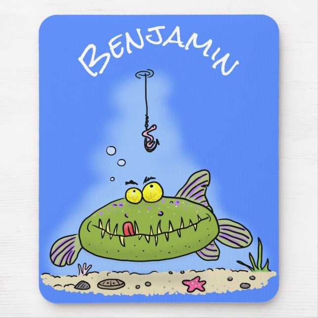 Mousepad Animação de peixe verde esfomeado e gordo (Frente)