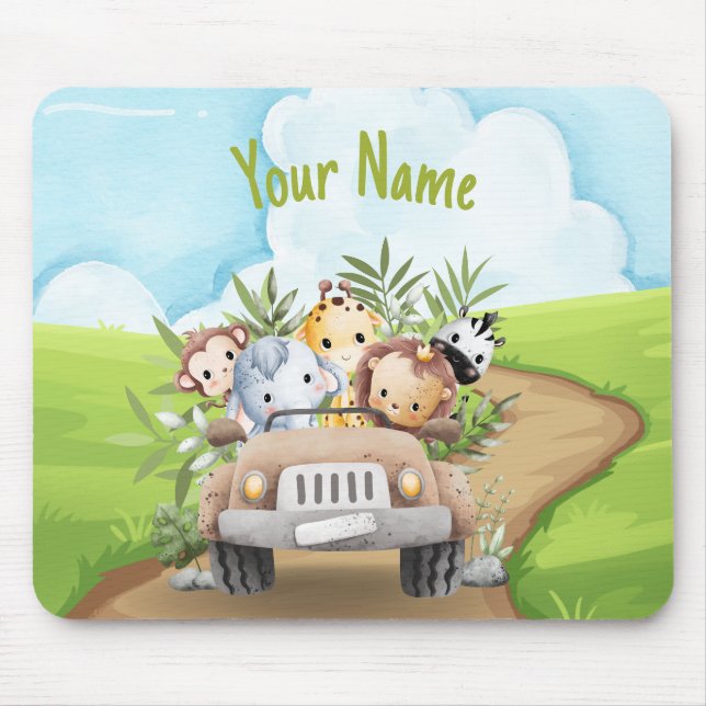 Mousepad Animais de Bebê Fofos da Selva Caminhão de Safari  (Frente)
