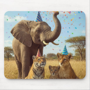 Mousepad Animais de festa africanos com chapéus e confetes