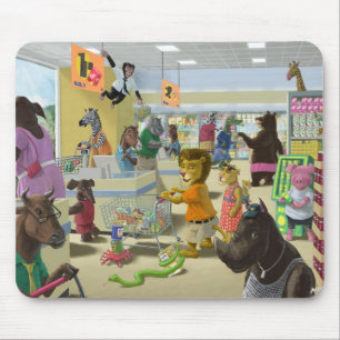 Mousepad animais que fazem sua compra em um supermercado
