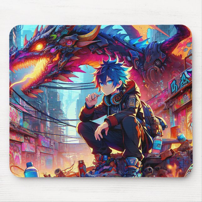 Mousepad Anime Boy e Dragão em um mundo distópico (Frente)