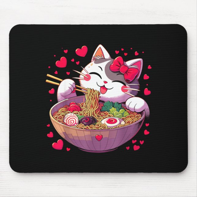 Mousepad Anime Cat Eating Ramen Noodles With Hearts Valenti (Frente)