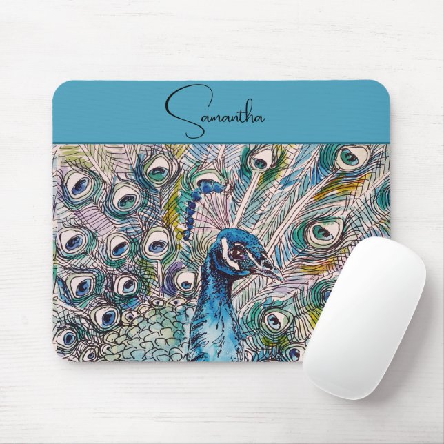 Mousepad Aniversário de Arte com Aquarela Azul Elegante (Com mouse)