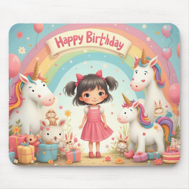 Mousepad Aniversário de Menina com Unicórnios & Arco-íris (Frente)