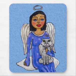 Mousepad Anjo Azul bonito segurando gato na nuvem