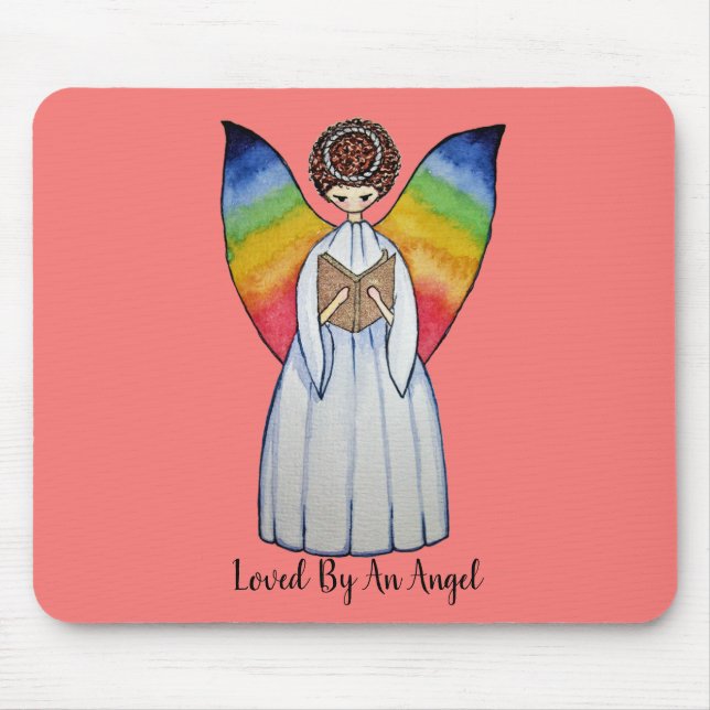 Mousepad Anjo De Aquarela Com Asas Arco-Íris Lendo Um Livro (Frente)