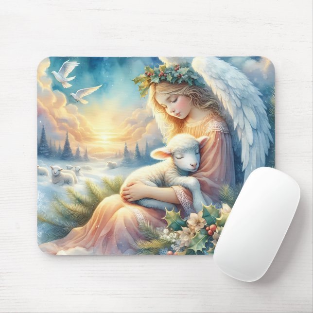 Mousepad Anjo de Natal com Lamb na Paz de inverno (Com mouse)