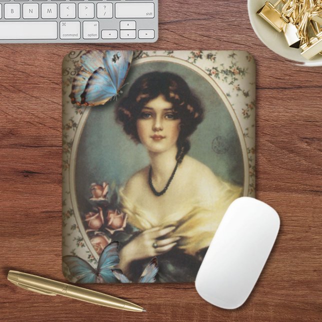 Mousepad Antiguidade da borboleta floral parisiense vitorio (Antique Floral butterfly parisian girl victorian Mouse Pad)