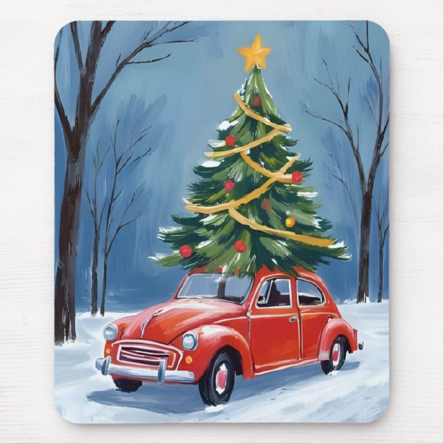 Mousepad Antique Red Car Christmas Tree (Frente)