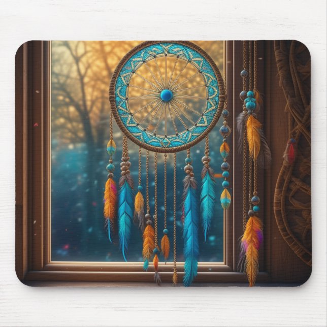 Mousepad Apanhador de Sonhos numa Janela Folhas de Outono (Frente)