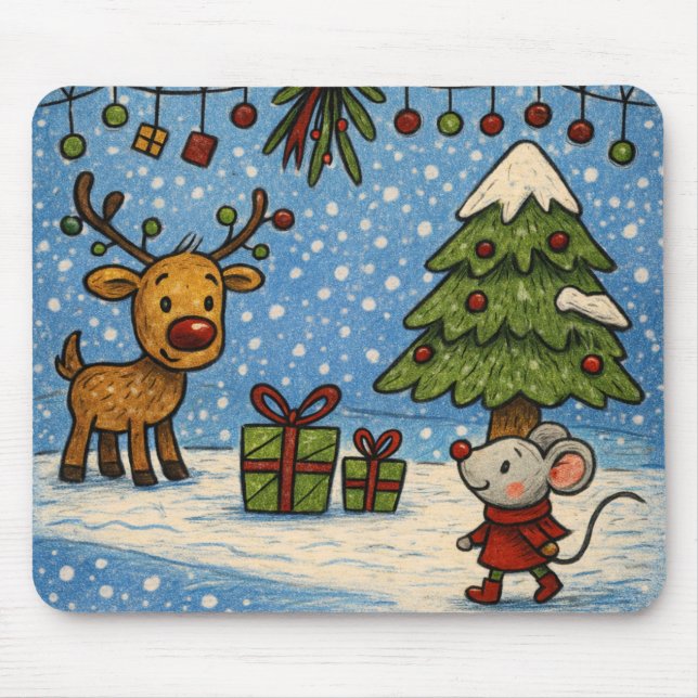 Mousepad Apoio de Rato de Natal com Rena e Rato Fofos (Frente)