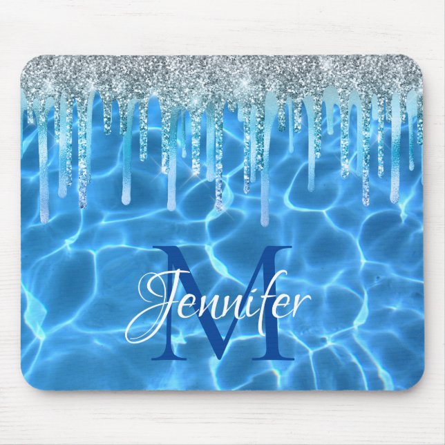Mousepad Aqua Blue Swimming Pool Glitter Drip Monogram (Frente)
