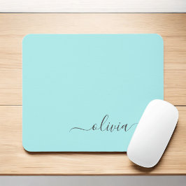 Mousepad Aqua Blue Teal Girly Script Monograma Nome Moderno