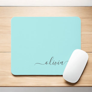 Mousepad Aqua Blue Teal Girly Script Monograma Nome Moderno