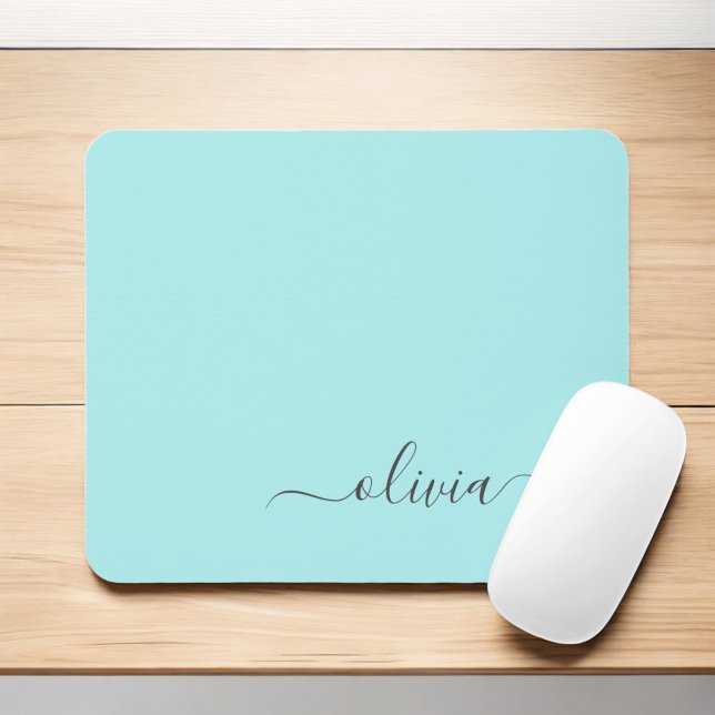 Mousepad Aqua Blue Teal Girly Script Monograma Nome Moderno (Criador carregado)