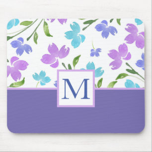 Mousepad Aqua Periwinkle Purple Watercolor Stems