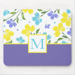 Mousepad Aqua Periwinkle Yellow Watercolor Flower Stems