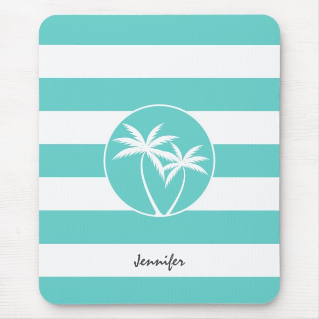Mousepad Aqua Rugby Stripes Logotipo Tropical Palm com Nome (Frente)