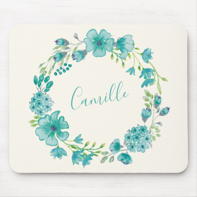 Mousepad Aqua Sea Green Floral Wreath Personalizado (Frente)