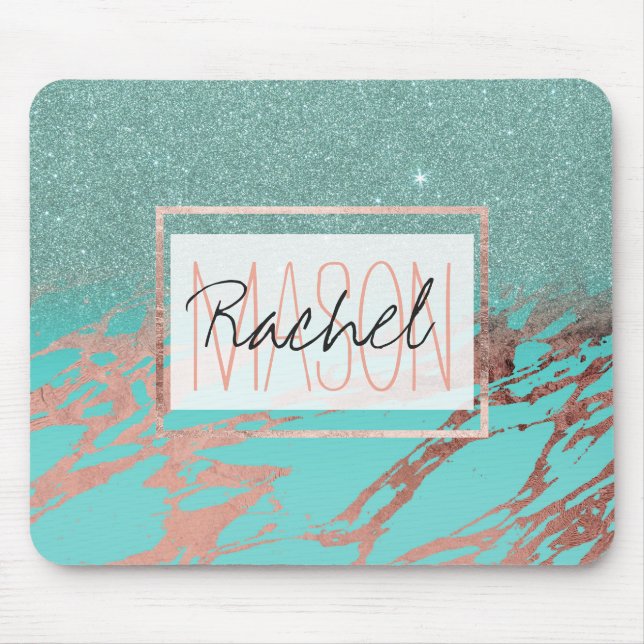 Mousepad Aqua Teal Rosa Dourada Glitter Marble Monograma (Frente)