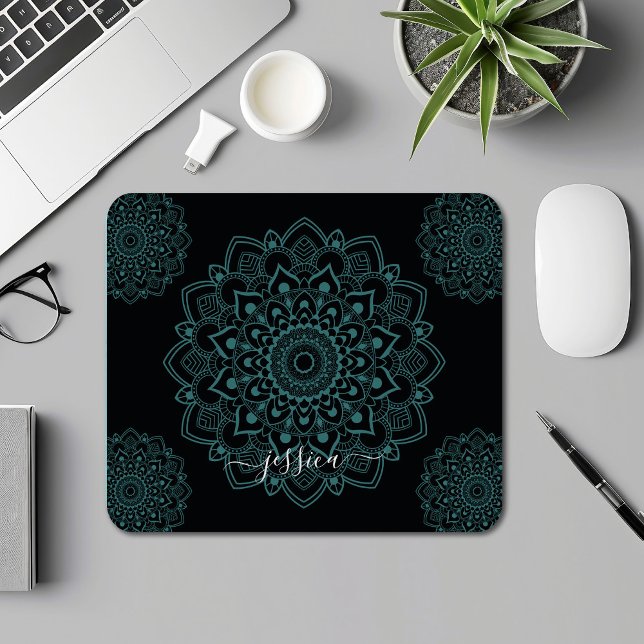 Mousepad Aqua Turquoise & Black Mandala w Calliografia (Criador carregado)