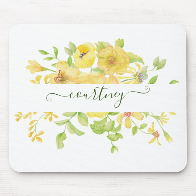 Mousepad Aquarela amarela personalizada floral (Frente)