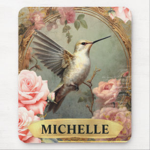 Mousepad Aquarela Beija-flor Branco Vintage & Rosas Pink