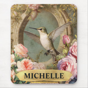 Mousepad Aquarela Beija-flor Branco Vintage & Rosas Pink