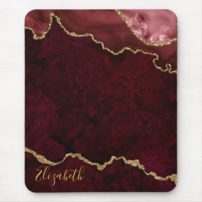 Mousepad Aquarela Borgonha Dourada Marble Geode Agate (Frente)
