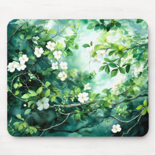 Mousepad Aquarela Botânica Flores Brancas Folhas Verdes