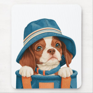 Mousepad Aquarela Cachorro Marrom Branco Bonito Chapéu Azul