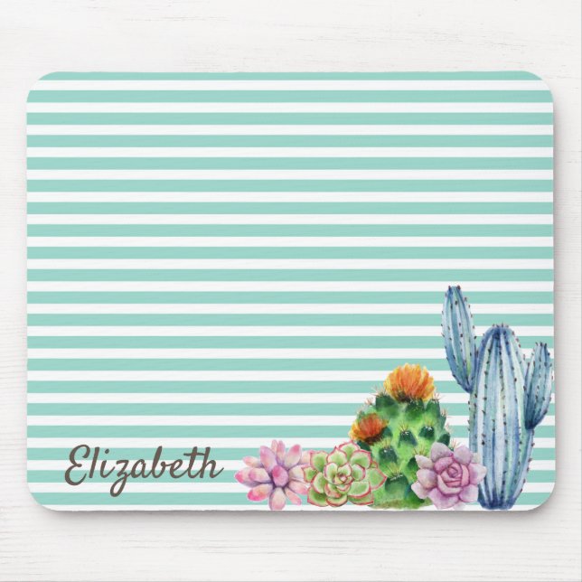 Mousepad Aquarela Cactus, Faixa Verde Menta (Frente)