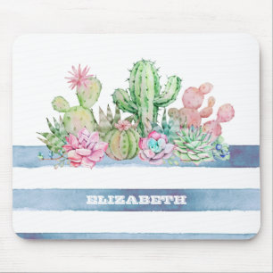 Mousepad Aquarela Cactus Suculentas Flores Listras
