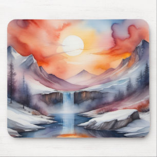 Mousepad Aquarela de montanhas cobertas de neve sob o pôr d