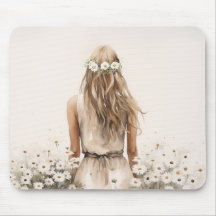 Aquarela de uma jovem mulher no campo de margarida