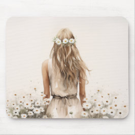 Mousepad Aquarela de uma jovem mulher no campo de margarida
