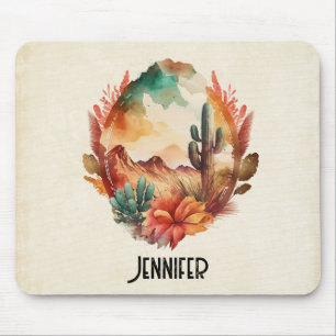 Mousepad Aquarela Desert Cactus e Montanhas
