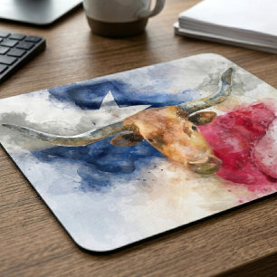 Mousepad Aquarela do Texas Longhorn com Mapa da Bandeira Ar