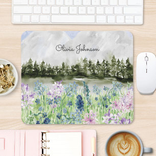 Mousepad Aquarela Flor de Campo Azul Roxo na Montanha