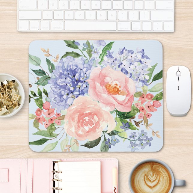 Mousepad Aquarela Floral Azul Rosa Hydrangea Peônia Primave (In situ office desk)