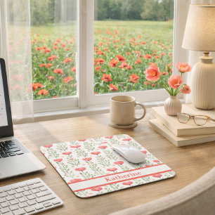 Mousepad Aquarela Floral Papoula Rosa Coral