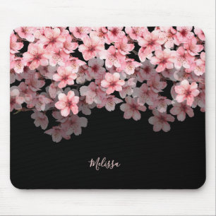 Mousepad Aquarela Flores de Cerejeira Preto Rosa   Seu Nome