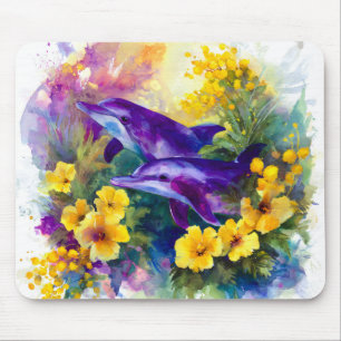 Mousepad Aquarela Golfinhos Flores Tropicais Oceano