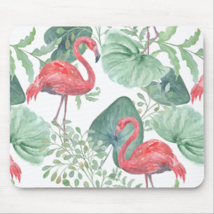Mousepad Aquarela Inflamingos e folhas cor-de-rosa.
